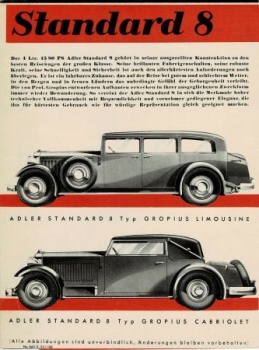 Adler Standard 8 Gropius Limousine Modellprogramm 1934  "Adler baut" Automobilprospekt (7012)